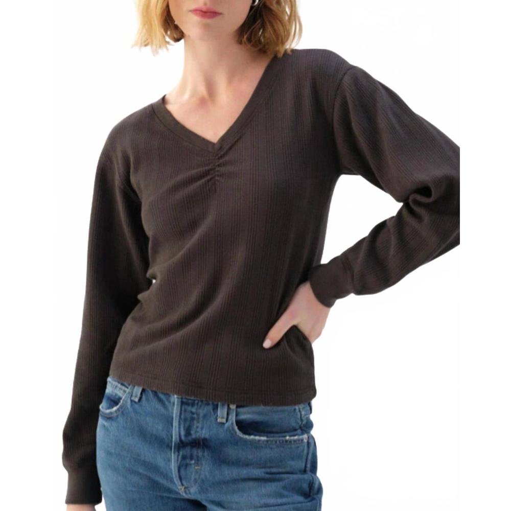 NEW AMO beau waffle knit long sleeve top in vintage black